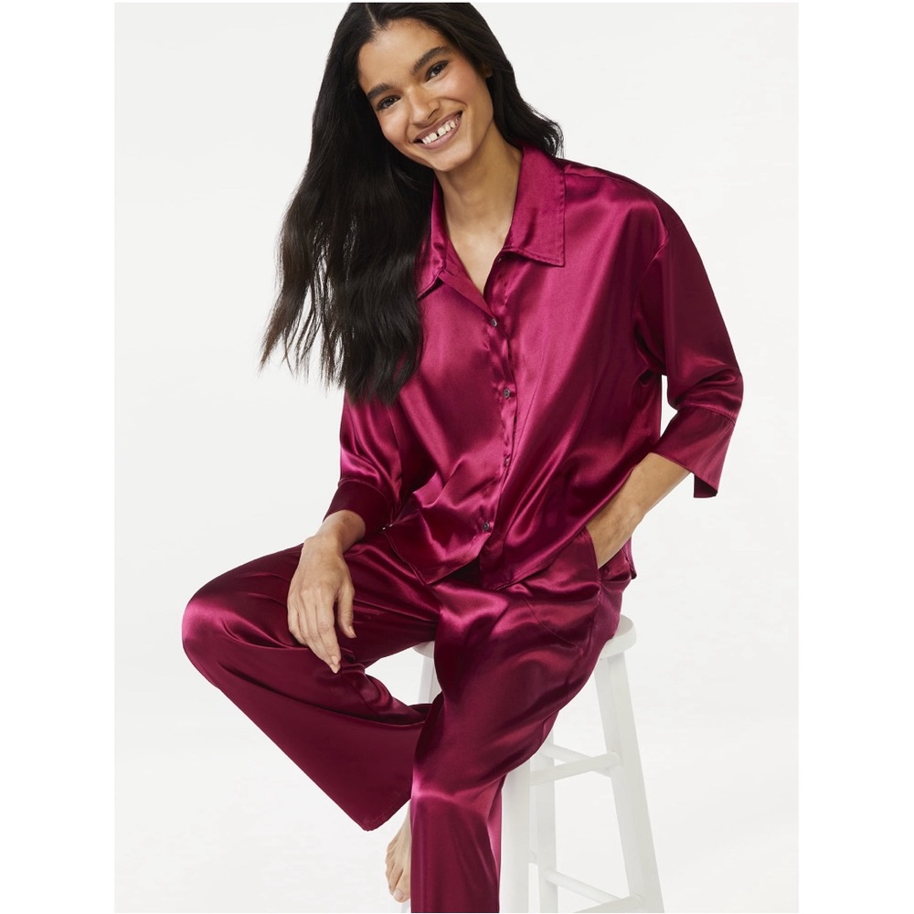 Joyspun l XL Women's Rose Sangria Solid Satin Two Piece Lounge Pajama Sleep Set